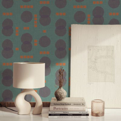 Tapet Rebel Dots, turcoaz, cu model abstract de cercuri și pătrate, pe un fond verde turcoaz.
