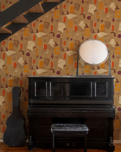 Tapet lavabil Brave Partiture, Cinnamon, TresTintas 5mp / rola - Un tapet modern cu design abstract, forme geometrice și accente de culoare.  Creați un punct focal interesant în camera dumneavoastră cu acest tapet lavabil.