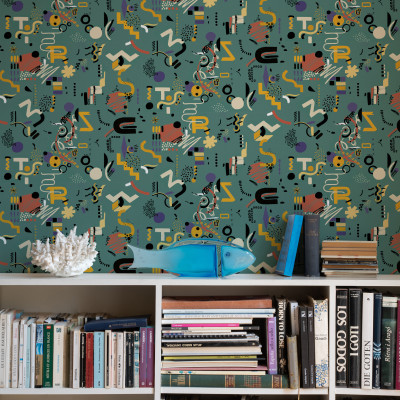 Tapet lavabil cu design geometric abstract in nuante de turcoaz