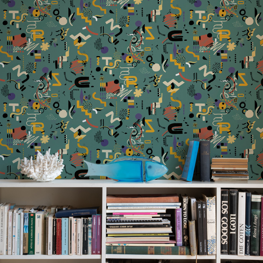 Tapet lavabil cu design geometric abstract in nuante de turcoaz