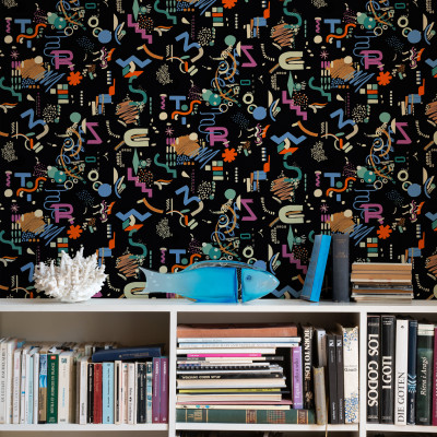 Tapet lavabil cu model geometric modern, Funny Shapes, cu culori vibrante pe fundal negru