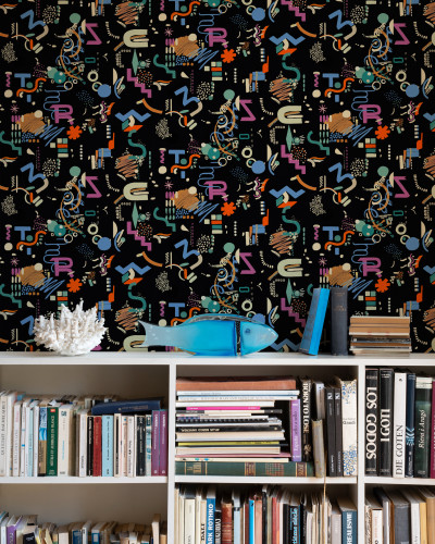 Tapet lavabil cu model geometric modern, Funny Shapes, cu culori vibrante pe fundal negru