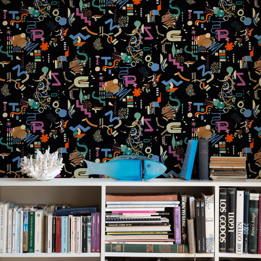 Tapet lavabil cu model geometric modern, Funny Shapes, cu culori vibrante pe fundal negru