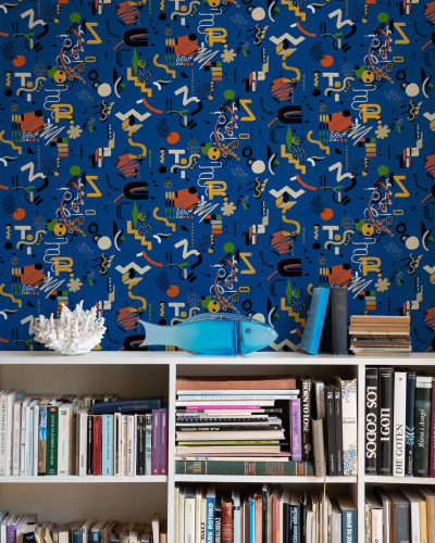 Tapet lavabil Funny Shapes, cu design abstract modern cu forme geometrice, linii si puncte, pe fond albastru