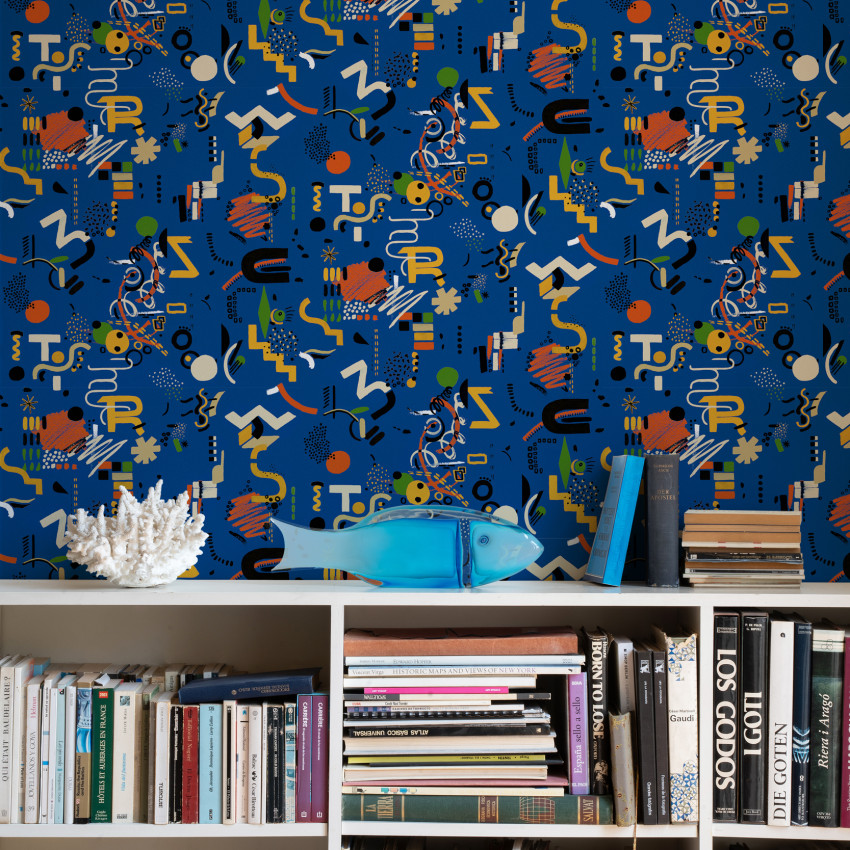 Tapet lavabil Funny Shapes, cu design abstract modern cu forme geometrice, linii si puncte, pe fond albastru