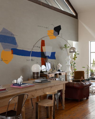 Tapet lavabil Lettering, cu design abstract modern, în nuanțe de gri, albastru, galben, roșu și portocaliu