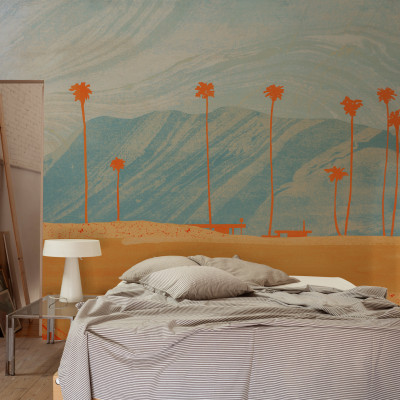 Tapet Palms View Light Blue, cu palmieri și un design minimalist