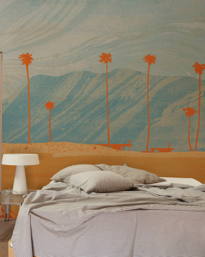 Tapet Palms View Light Blue, cu palmieri și un design minimalist