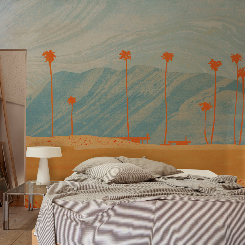 Tapet Palms View Light Blue, cu palmieri și un design minimalist