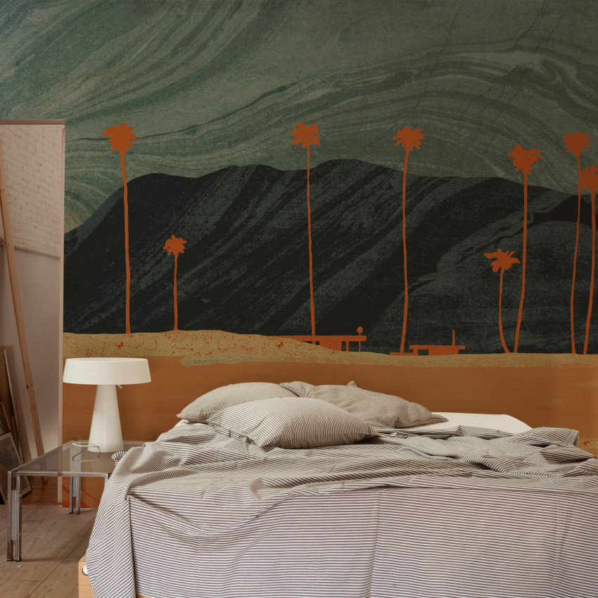 Tapet cu design abstract modern de palmieri, în nuanțe de gri.