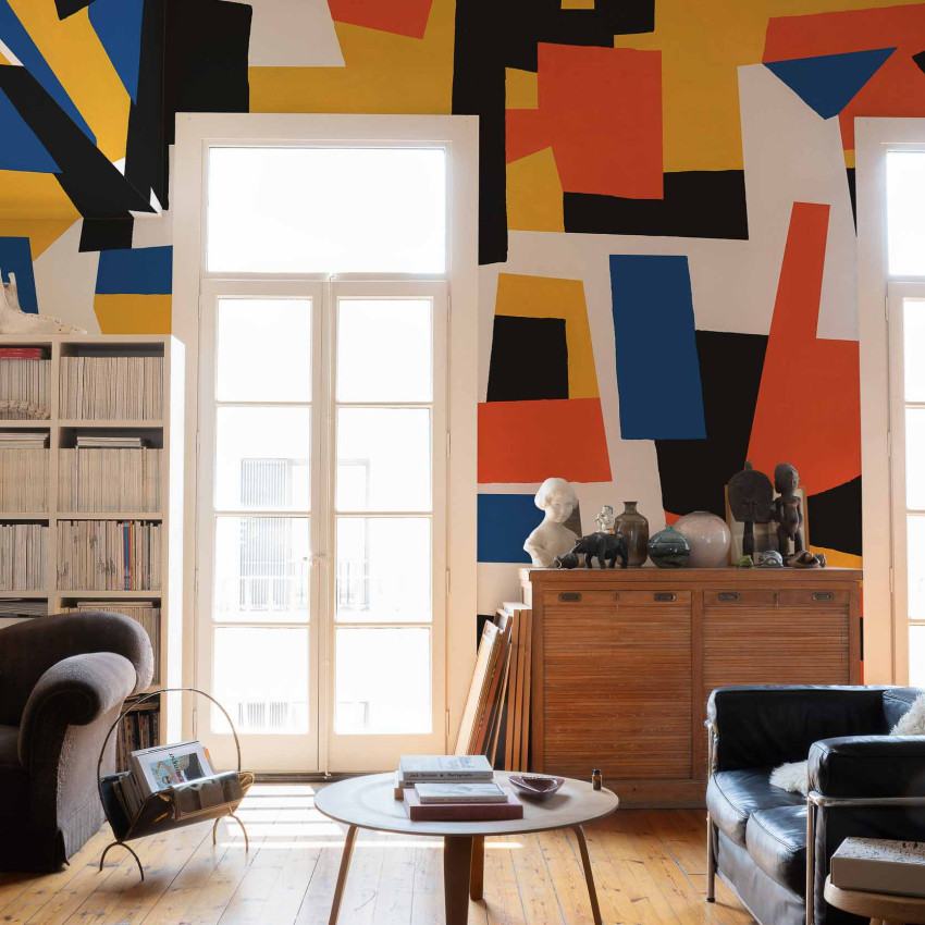 Tapet lavabil cu design modern, Cubic Experience Black, pe un perete din living