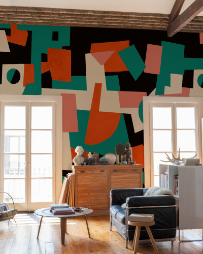 Tapet lavabil cu design modern, Cubic Experience Black, pe un perete din living
