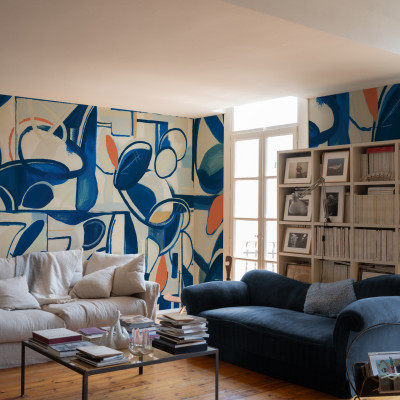 Tapet abstract albastru cu accente portocalii, cu design modern