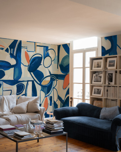 Tapet abstract albastru cu accente portocalii, cu design modern