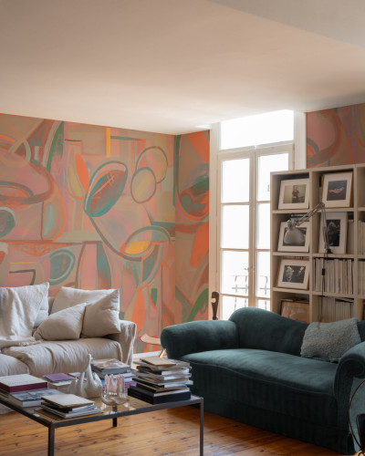 Tapet lavabil cu design abstract in nuanțe de roz, perfect pentru living