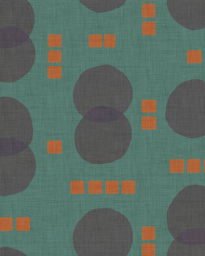 Tapet Rebel Dots, turcoaz, cu model abstract de cercuri și pătrate, pe un fond verde turcoaz.
