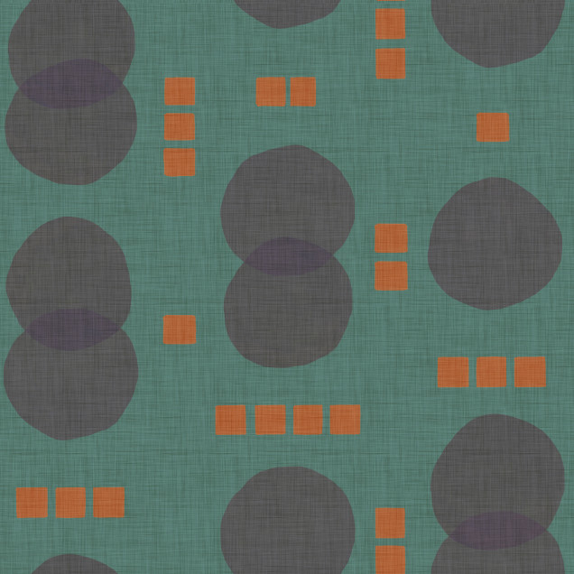 Tapet Rebel Dots, turcoaz, cu model abstract de cercuri și pătrate, pe un fond verde turcoaz.