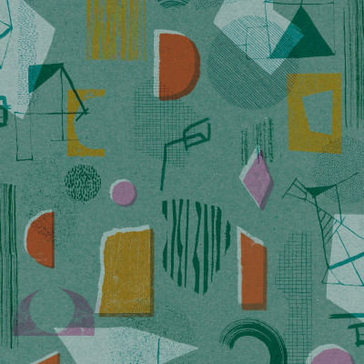 Tapet lavabil Brave Partiture, Turquoise, cu model geometric abstract în culori vibrante: turcoaz, auriu și roșu.