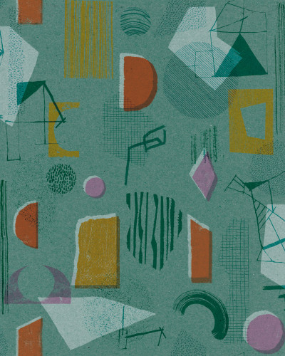 Tapet lavabil Brave Partiture, Turquoise, cu model geometric abstract în culori vibrante: turcoaz, auriu și roșu.