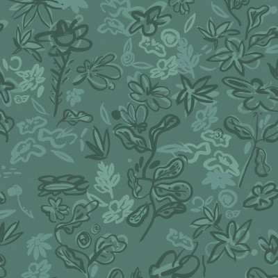 Tapet Crazy Flowers, turcoaz, cu flori abstracte desenate pe un fundal verde.