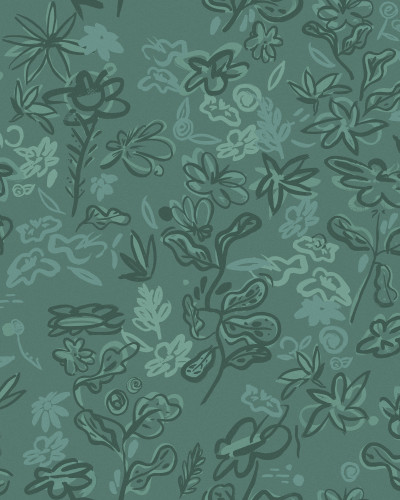 Tapet Crazy Flowers, turcoaz, cu flori abstracte desenate pe un fundal verde.