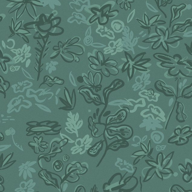 Tapet Crazy Flowers, turcoaz, cu flori abstracte desenate pe un fundal verde.