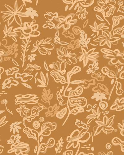 Tapet Crazy Flowers Ocher, cu model floral abstract, aplicat în bucătărie.