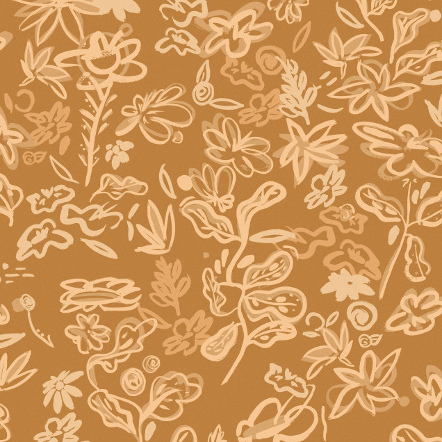 Tapet Crazy Flowers Ocher, cu model floral abstract, aplicat în bucătărie.