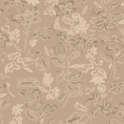 Tapet Crazy Flowers Beige, cu flori delicate pe un fond bej, decorând o bucătărie cu un blat din lemn masiv.