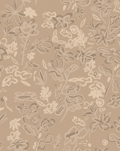 Tapet Crazy Flowers Beige, cu flori delicate pe un fond bej, decorând o bucătărie cu un blat din lemn masiv.