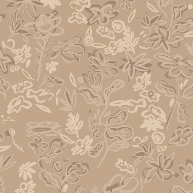 Tapet Crazy Flowers Beige, cu flori delicate pe un fond bej, decorând o bucătărie cu un blat din lemn masiv.