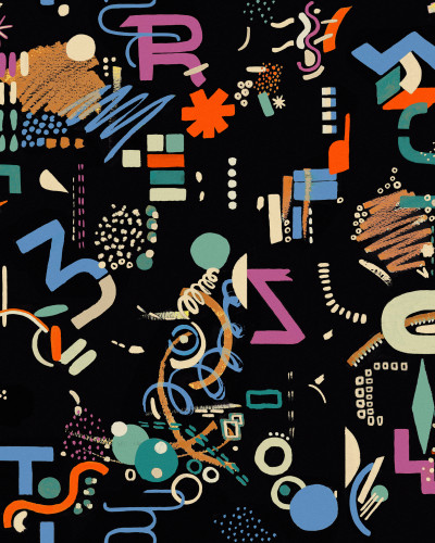 Tapet lavabil cu model geometric modern, Funny Shapes, cu culori vibrante pe fundal negru