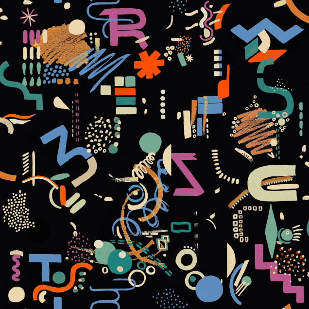 Tapet lavabil cu model geometric modern, Funny Shapes, cu culori vibrante pe fundal negru