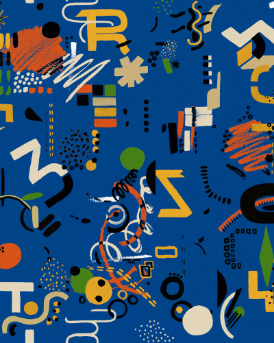 Tapet lavabil Funny Shapes, cu design abstract modern cu forme geometrice, linii si puncte, pe fond albastru