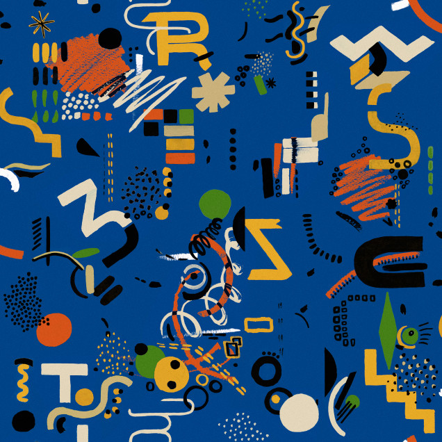 Tapet lavabil Funny Shapes, cu design abstract modern cu forme geometrice, linii si puncte, pe fond albastru