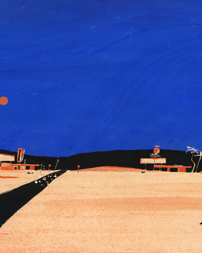 Tapet lavabil Road Trip, Blue, cu design minimalist, infatisand o panorama de desert si o soare rosie in apus.