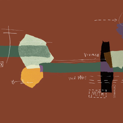 Tapet lavabil cu design abstract în nuanțe de roșu, verde, galben și mov. Tapetul este prezentat într-un interior modern, cu un canapea din piele, un fotoliu și o masă din lemn.