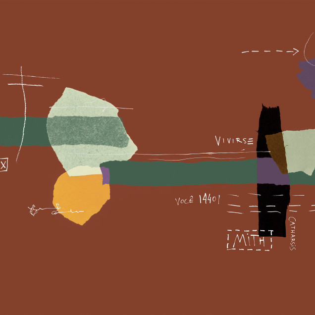 Tapet lavabil cu design abstract în nuanțe de roșu, verde, galben și mov. Tapetul este prezentat într-un interior modern, cu un canapea din piele, un fotoliu și o masă din lemn.