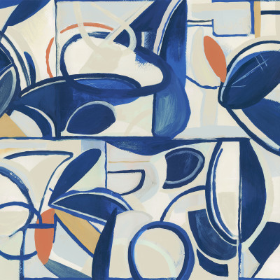 Tapet abstract albastru cu accente portocalii, cu design modern