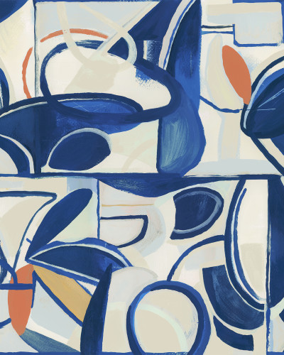 Tapet abstract albastru cu accente portocalii, cu design modern