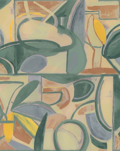 Tapet abstract verde cu nuanțe de galben și portocaliu, cu un design modern.