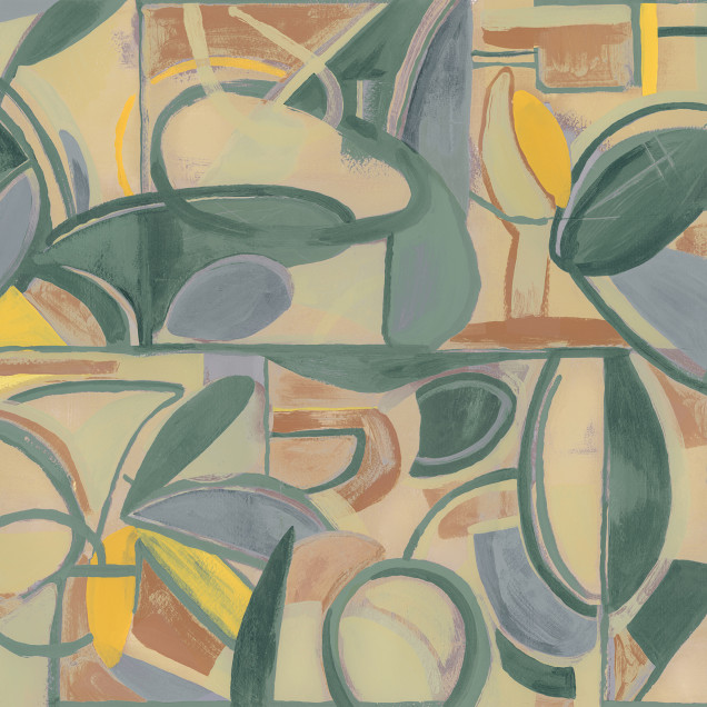 Tapet abstract verde cu nuanțe de galben și portocaliu, cu un design modern.