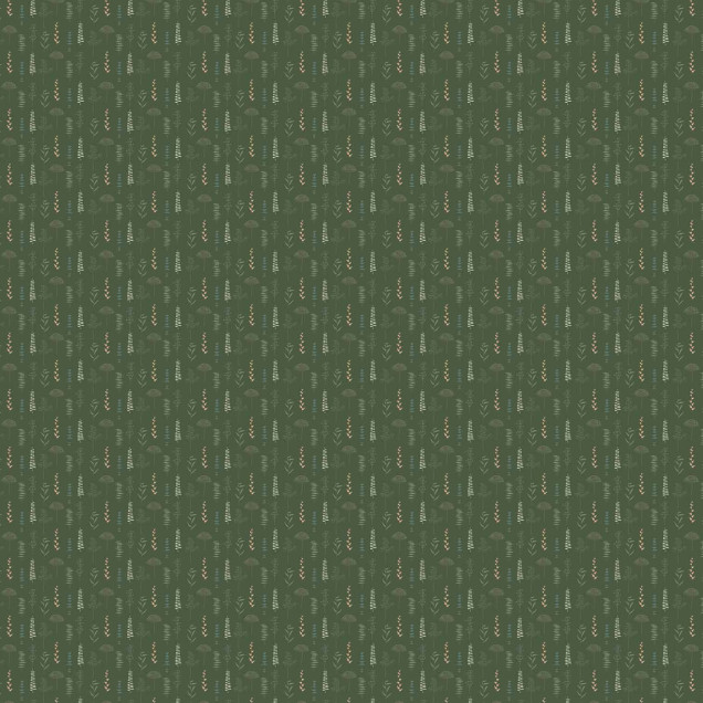 Tapet cu design modern Herbario, cu plante stilizate în culori calde de verde, crem și roz.