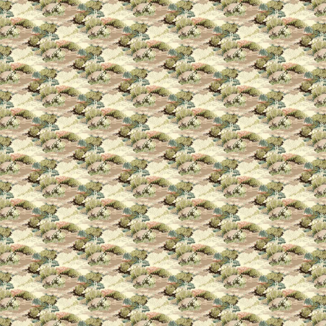 Tapet lavabil cu design elegant si modern, cu nuante de verde si maro, pe un fundal crem. Se poate vedea o parte dintr-un dormitor decorat cu acest tapet, cu un pat cu perne si o masuta de cafea.