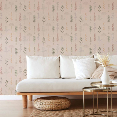Tapet Herbario, Rosa, cu design delicat de plante, pe un perete în decor modern.