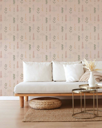 Tapet Herbario, Rosa, cu design delicat de plante, pe un perete în decor modern.