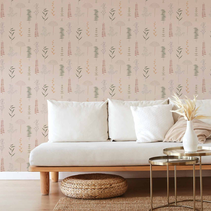 Tapet Herbario, Rosa, cu design delicat de plante, pe un perete în decor modern.