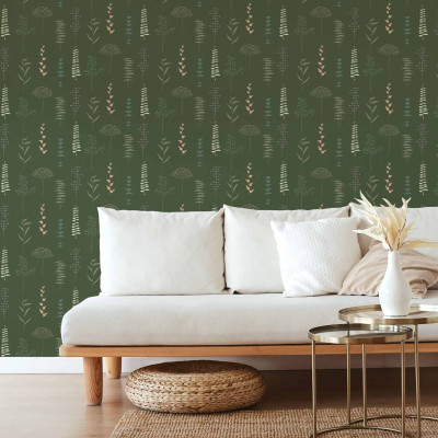 Tapet cu design modern Herbario, cu plante stilizate în culori calde de verde, crem și roz.