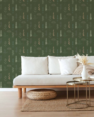 Tapet cu design modern Herbario, cu plante stilizate în culori calde de verde, crem și roz.