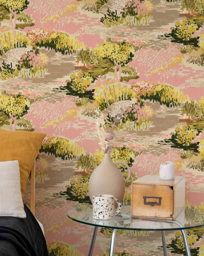 Tapet cu design natural, lac, flori și arbori, culoare curry